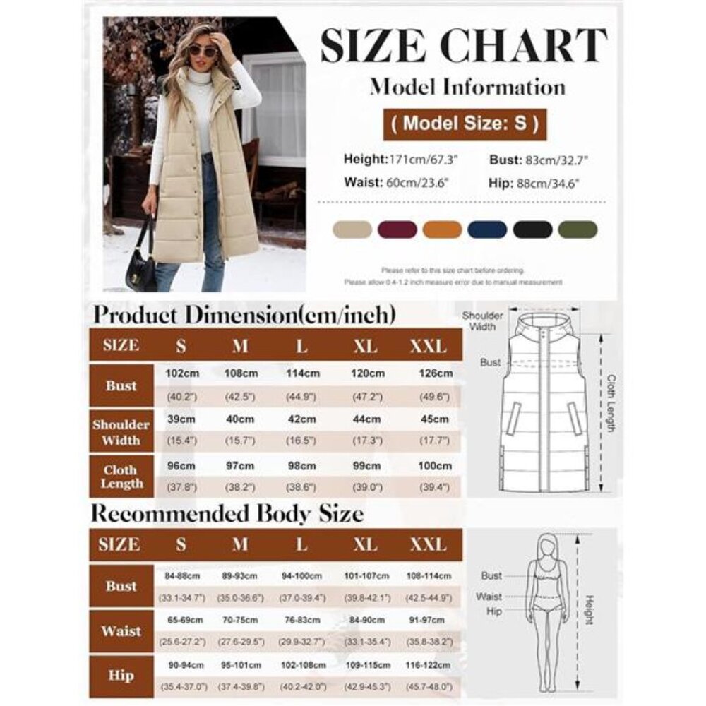 Women's Long Puffer Vest Jacket Sleeveless  Vest Zip Up Winter Coat Fall Vest - Picture 5 of 5
